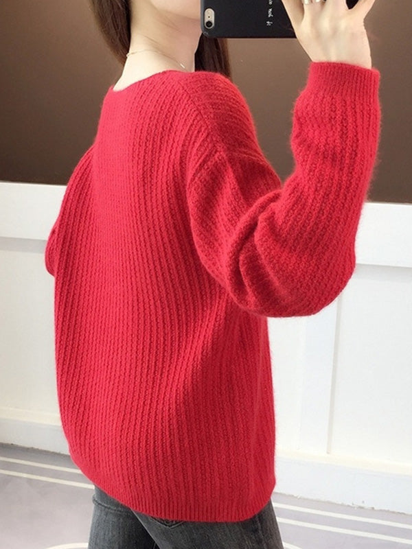 Simple Casual Loose 4 Colors Round-Neck Long Sleeves Sweater Top