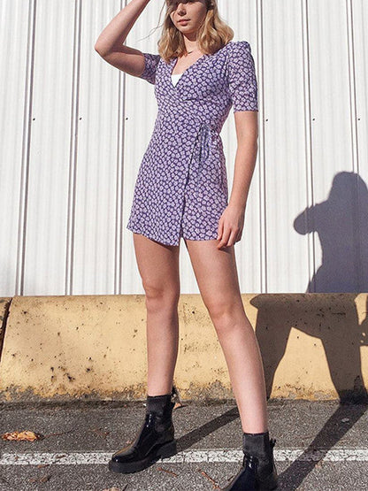 Romantic Purple Bow Girl'S Wind Flowers Show Thin Versatile V-Neck Dress