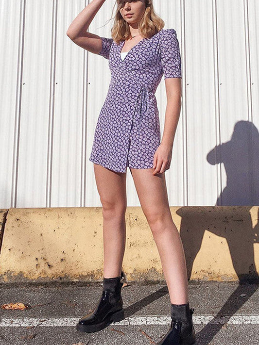 Romantic Purple Bow Girl'S Wind Flowers Show Thin Versatile V-Neck Dress