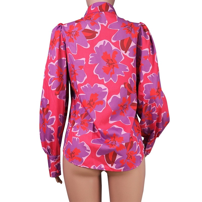 Thin Puff Sleeves Lapel Print Blouse