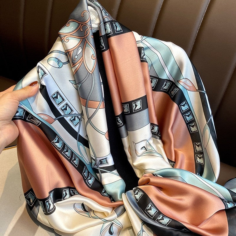 Contrast Print Long Silk Scarf