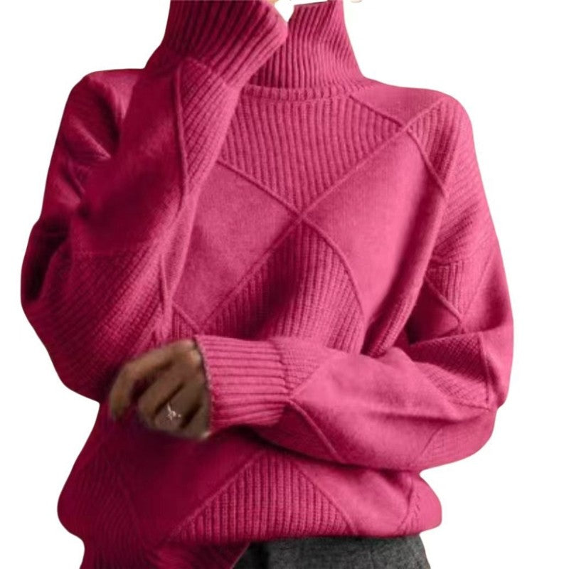 Fashion High Neck Diamond Texture Solid Color Pullover