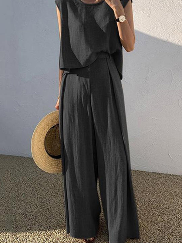 Casual Plus Size Solid Color Sleeveless T-Shirts Tops & Wide Leg Pants Suits