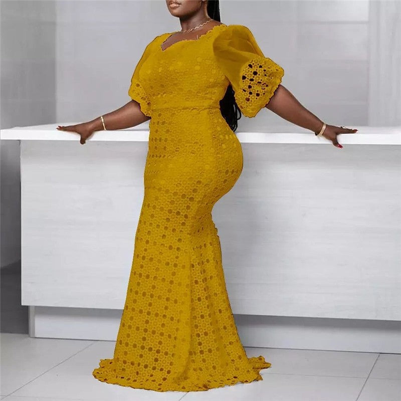 Solid Color Bubble Sleeve Hollow Out Bodycon Jumpsuit Dress