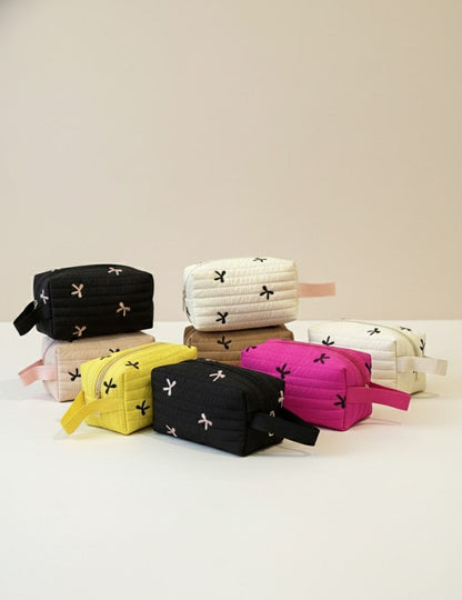Cute Bow Embroidery Portable Puffer Cosmetic Bag