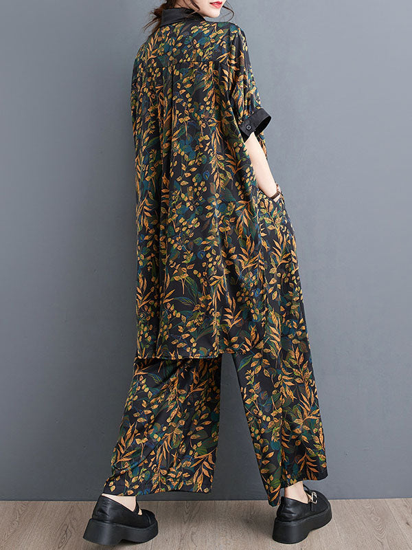 Loose Short Sleeves Printed Lapel Two Pieces Set
