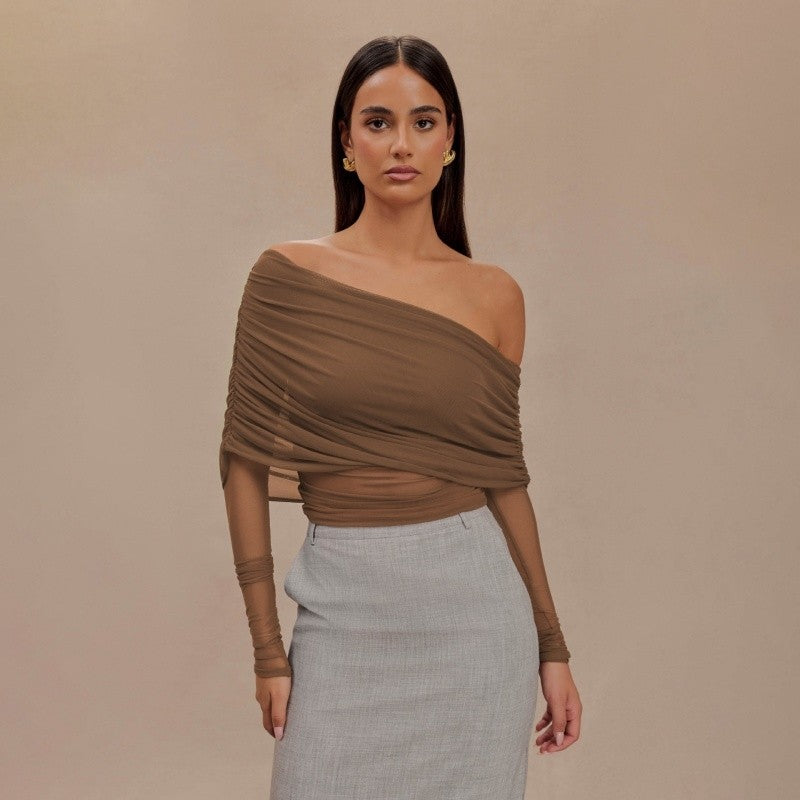 Mesh Insert See Through Pleated Off Shoulder T Shirt