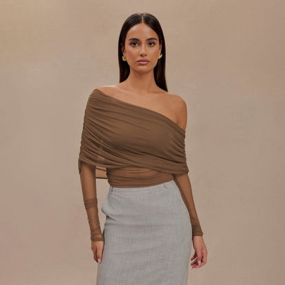 Mesh Insert See Through Pleated Off Shoulder T Shirt