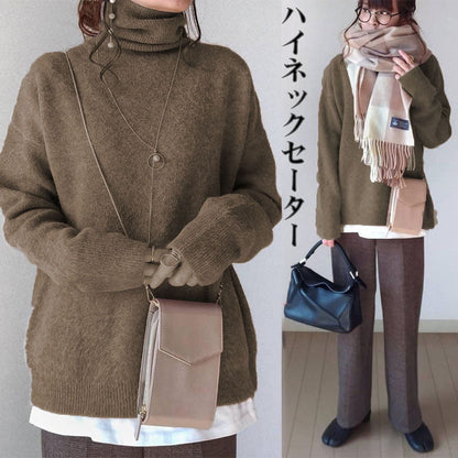 Long Sleeves Solid Color High Neck Knitwear Sweater Tops