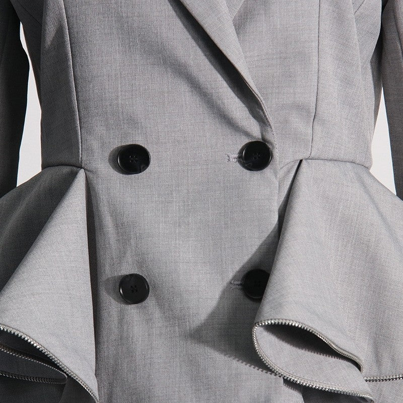 Solid Color Long Sleeve Lapel Buttoned Ruffled Slim Blazer Outerwear