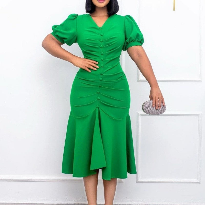 Polyester Bodycon V-Neck Solid Color Dress Short Sleeve