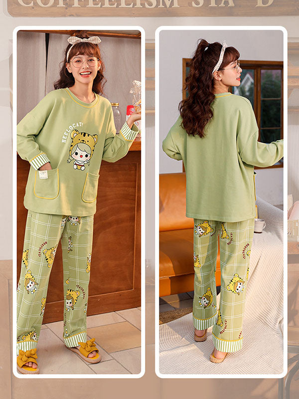 Comfortable Cartoon Printed Long Sleeve T-Shirt&Pants Pajama Set