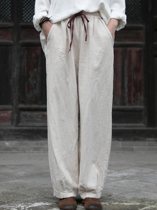 Simple Ramie Cotton Elasticity Waist Loose Knickerbockers&Capri-Pants
