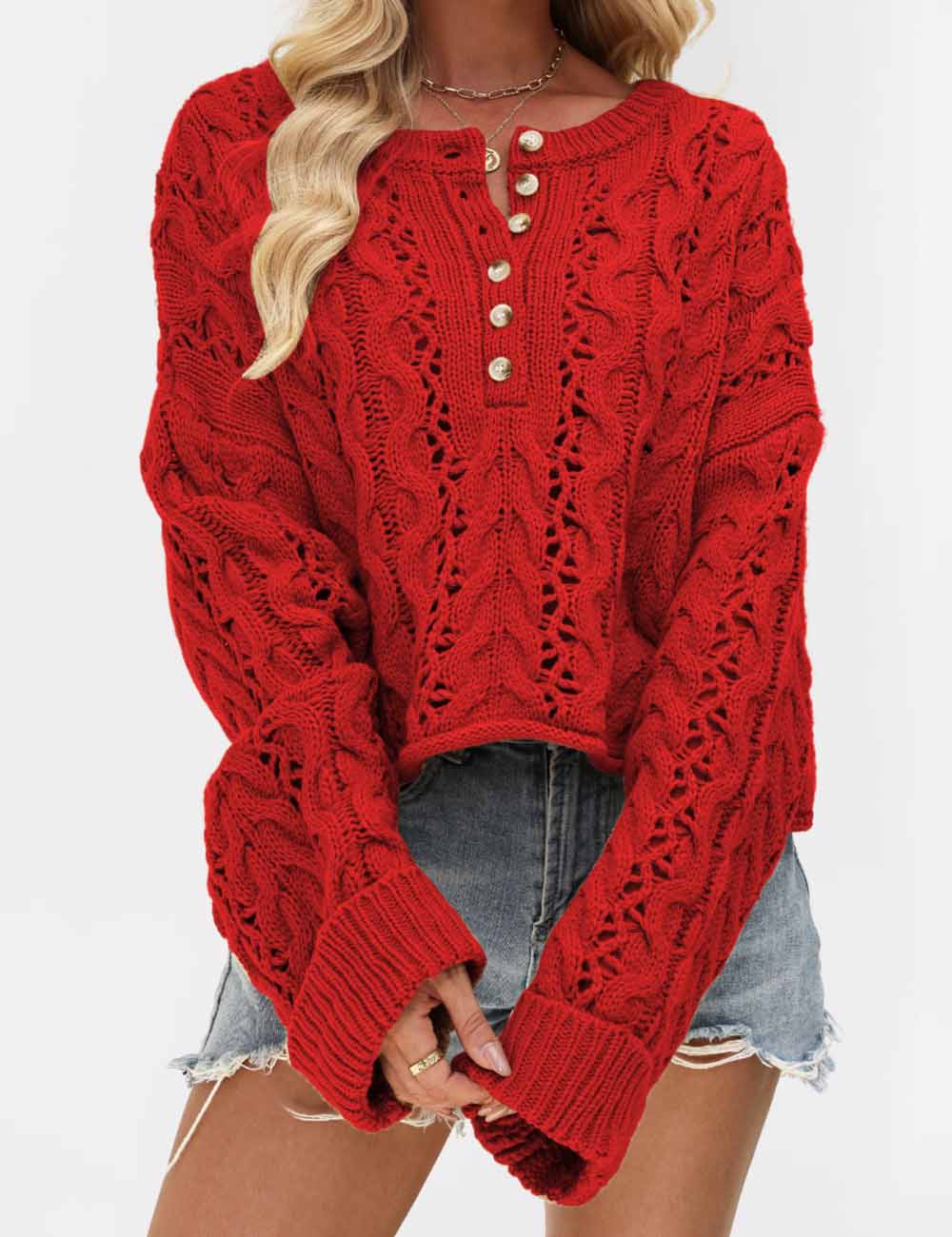 Cable Knit Round Neck Button Pullover Sweater