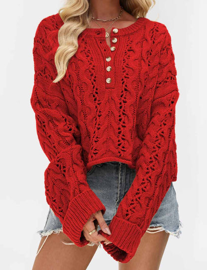 Cable Knit Round Neck Button Pullover Sweater
