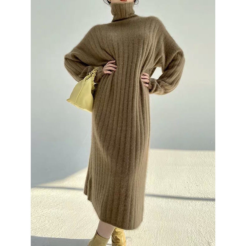 Simple Loose Long Sleeves Keep Warm Solid Color High-Neck Sweater Dresses