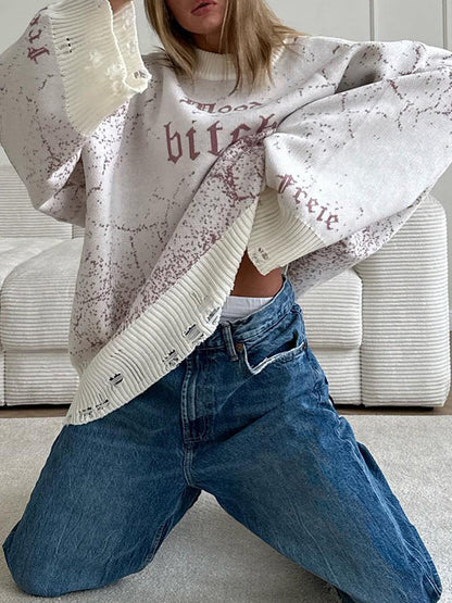 Long Sleeves Loose Hollow Knitted Letters Round-Neck Knitwear Pullovers Sweater Tops