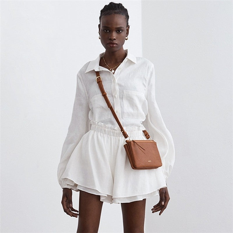 Solid Color Long Sleeve Top With Ruffle Hem Shorts Set