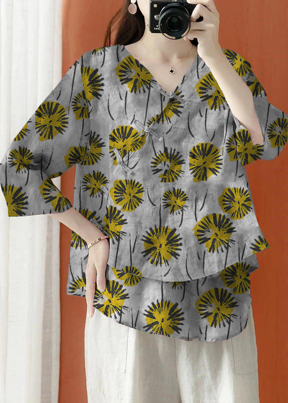 Beautiful Purple Asymmetrical Print cotton blend Blouses Half Sleeve