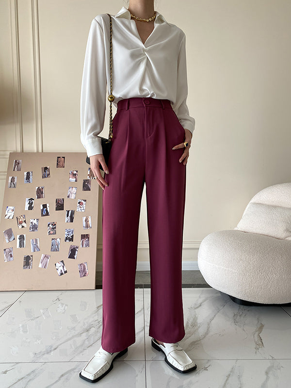 Long Sleeves Knot Pleated Solid Color Split-Joint Lapel Blouses&Shirts Tops