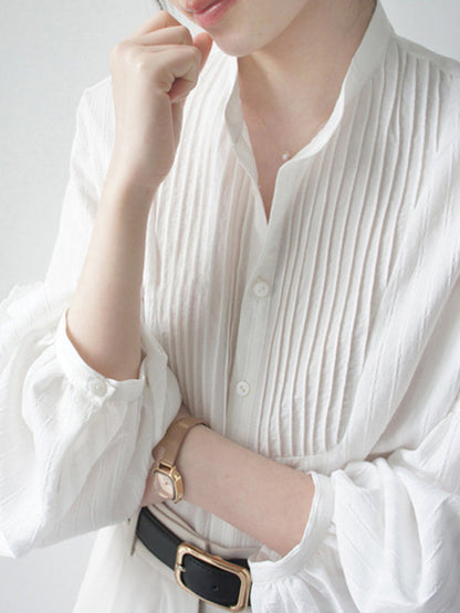 Loose Wrap Buttoned Pleated Solid Color Split-Joint Striped Blouses&Shirts Tops