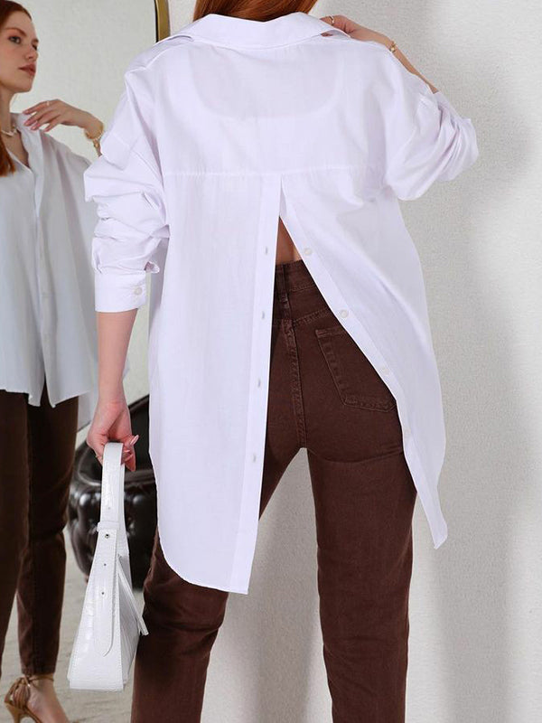 Loose Solid Color Split-Back Long Sleeves Blouses