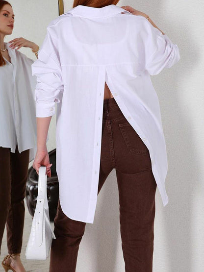 Loose Solid Color Split-Back Long Sleeves Blouses