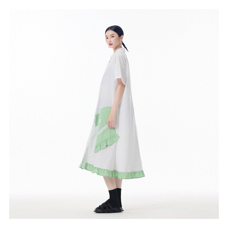 Color Block Polo Collar Flounce Sleeveless A-Line Dress