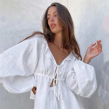 White Lantern Sleeve V-Neck Top And Shorts Set