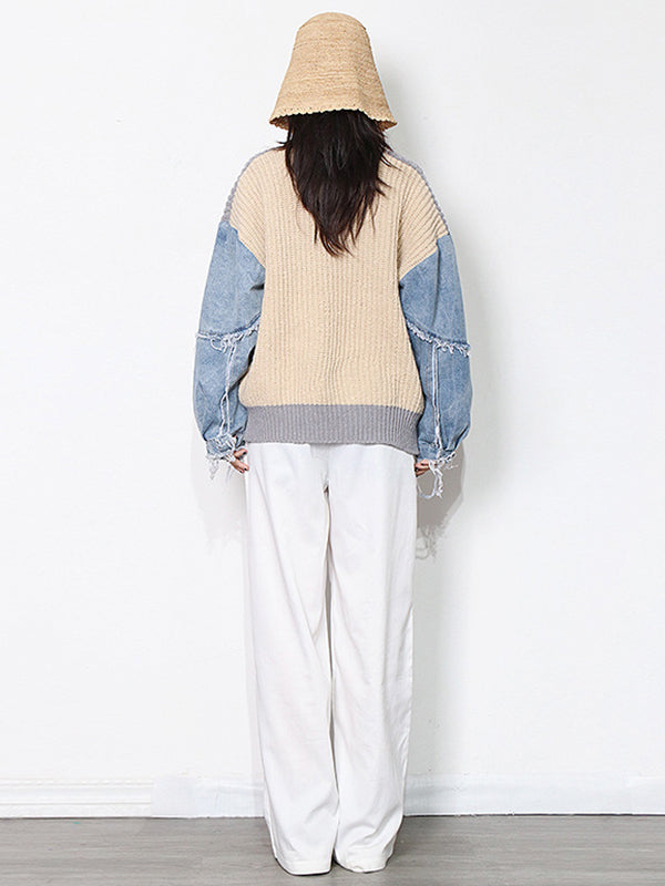 Stylish Denim Knitting Split-Joint Contrast Color Sweater Top