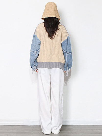 Stylish Denim Knitting Split-Joint Contrast Color Sweater Top