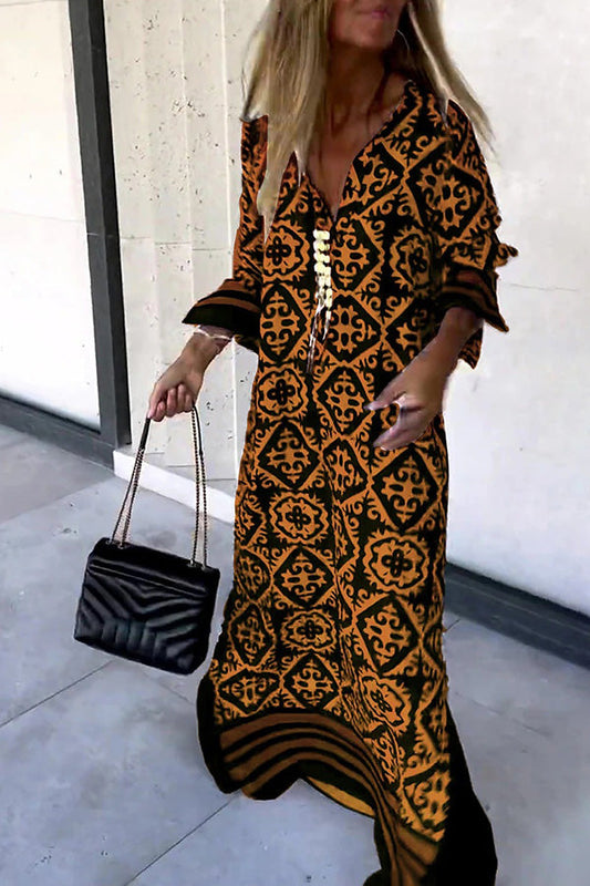 Basically Perfect Geometry Printed Long Sleeve Casual Maxi Dress