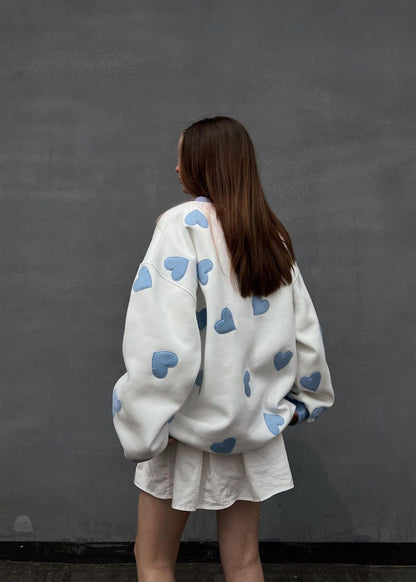 White Sweatshirt Soft Fabric Blue Heart Appliques
