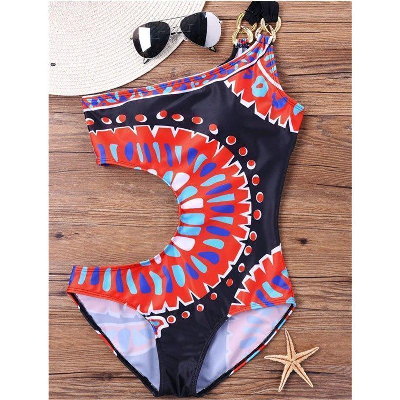 Print Triangle Piece Creative Single Shoulder Swimsuit