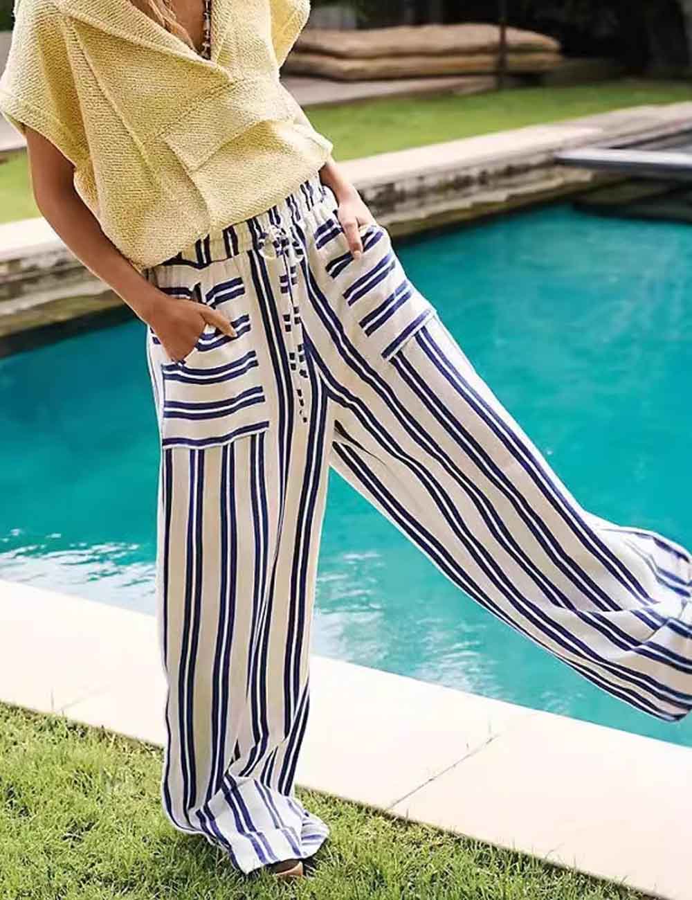 Color Block Striped Drawstring Wide-Leg Pants