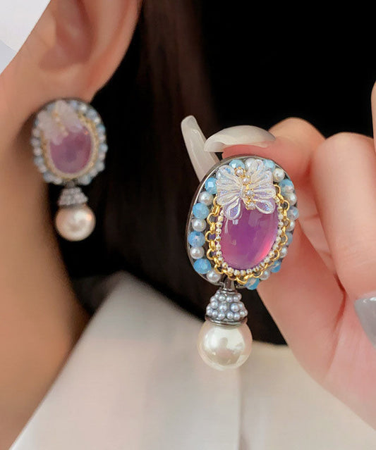 Women Purple Acrylic Alloy Crystal Pearl Resin Butterfly Stud Earrings