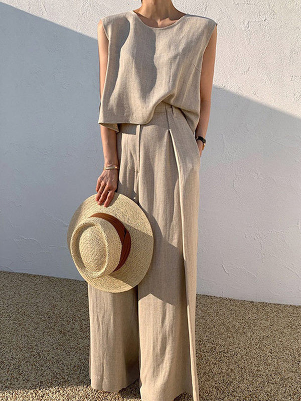 Casual Plus Size Solid Color Sleeveless T-Shirts Tops & Wide Leg Pants Suits