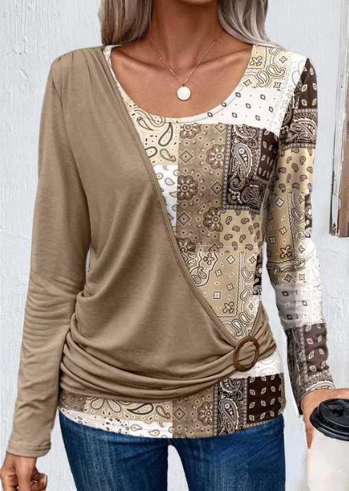 Autumn Printing Solid Color Stitching Casual Long-Sleeved Knitted T-Shirt
