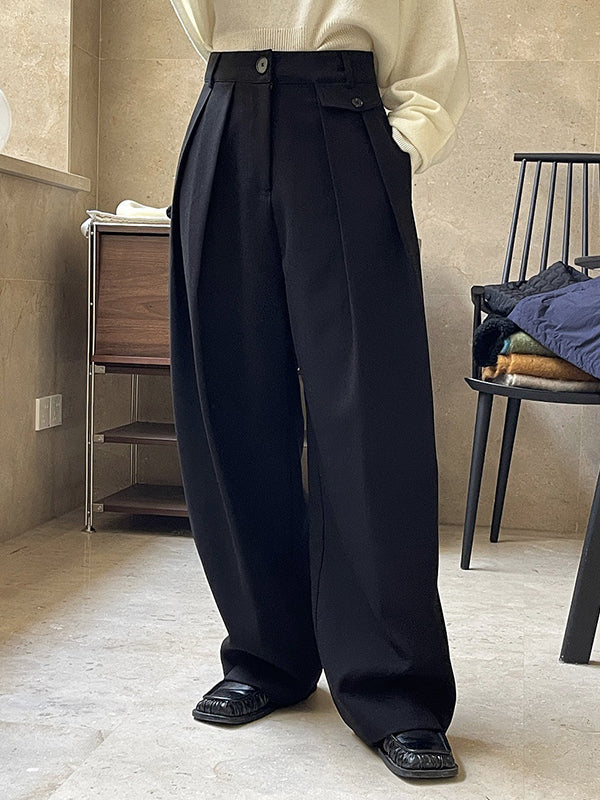Loose Pleated Solid Color Casual Pants Bottoms