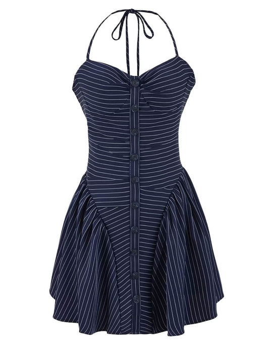 Simple Striped Halter Tie Back Mini Dresses