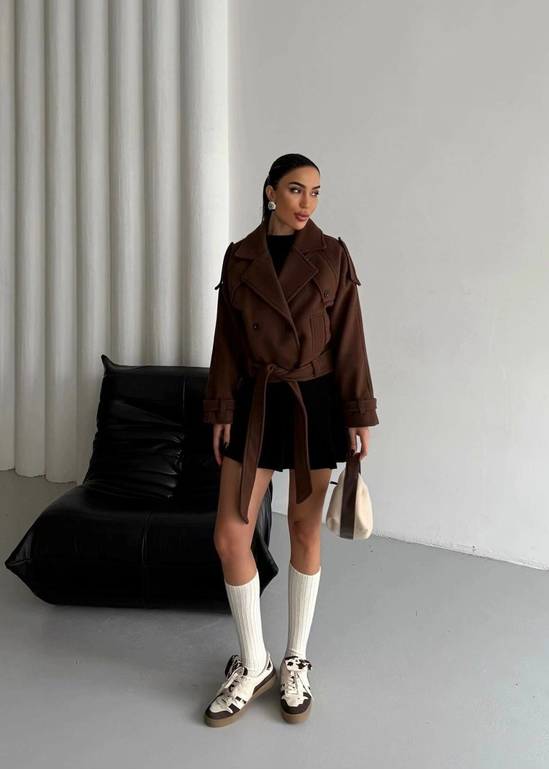 Cropped Wool Blend Belted Trench Jacket