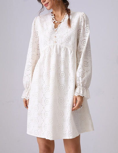 Hollow Lace Ruffle V-Neck Mini Dress