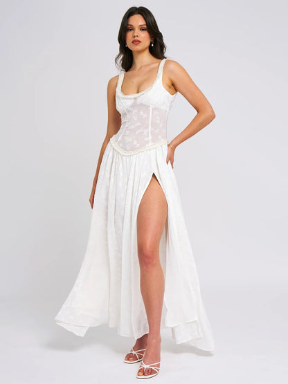 Lace Maxi Dress With Square Neckline And Slit