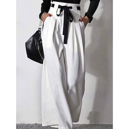 High Waisted Loose Drawstring Pleated Cotton Pants