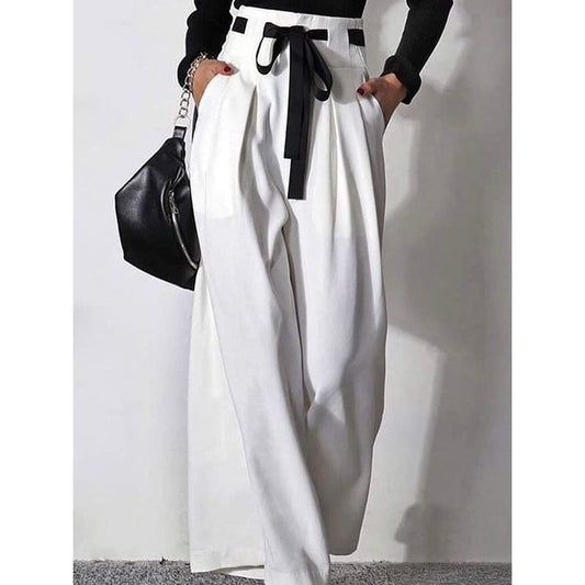 High Waisted Loose Drawstring Pleated Cotton Pants
