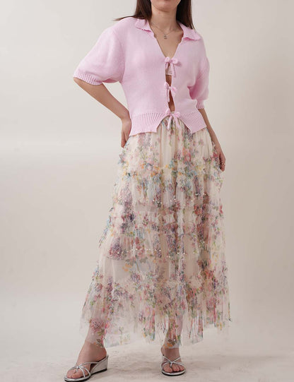 Floral Print Midi Tulle Mesh Skirts