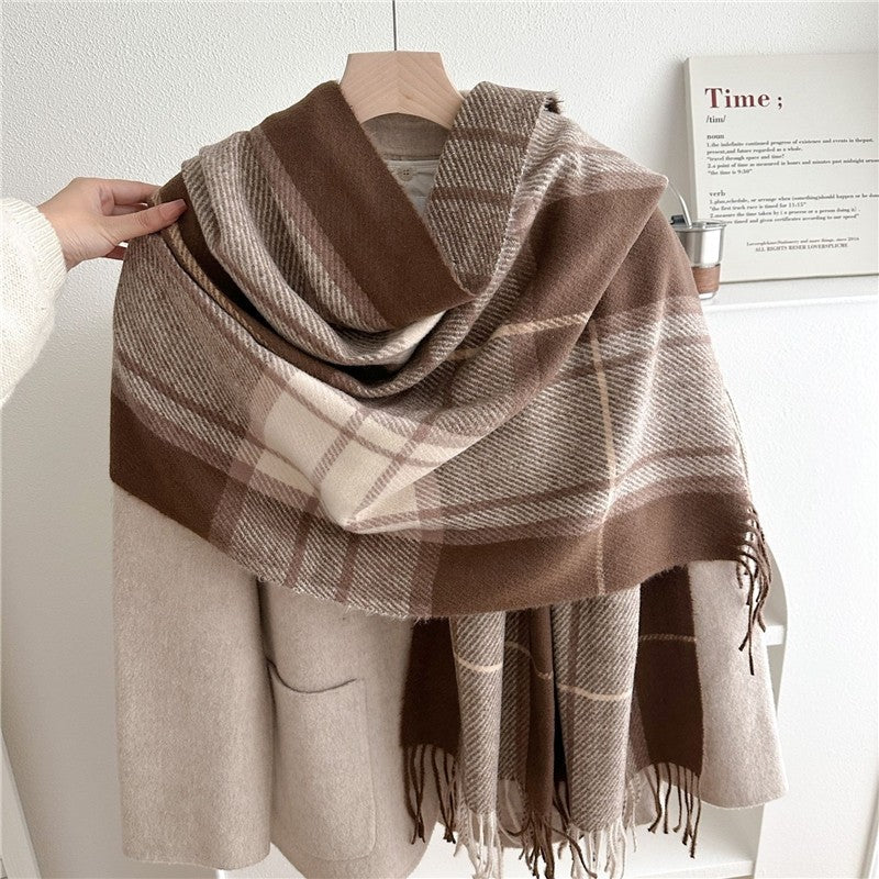 Color Block Plaid Fringe Scarf