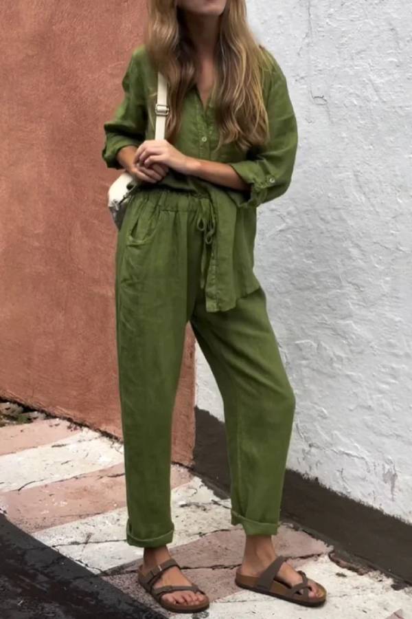 Casual Solid Color V-Neck Shirt \u0026 Pants Cotton Linen Two-Piece Set