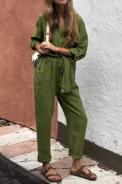 Casual Solid Color V-Neck Shirt \u0026 Pants Cotton Linen Two-Piece Set