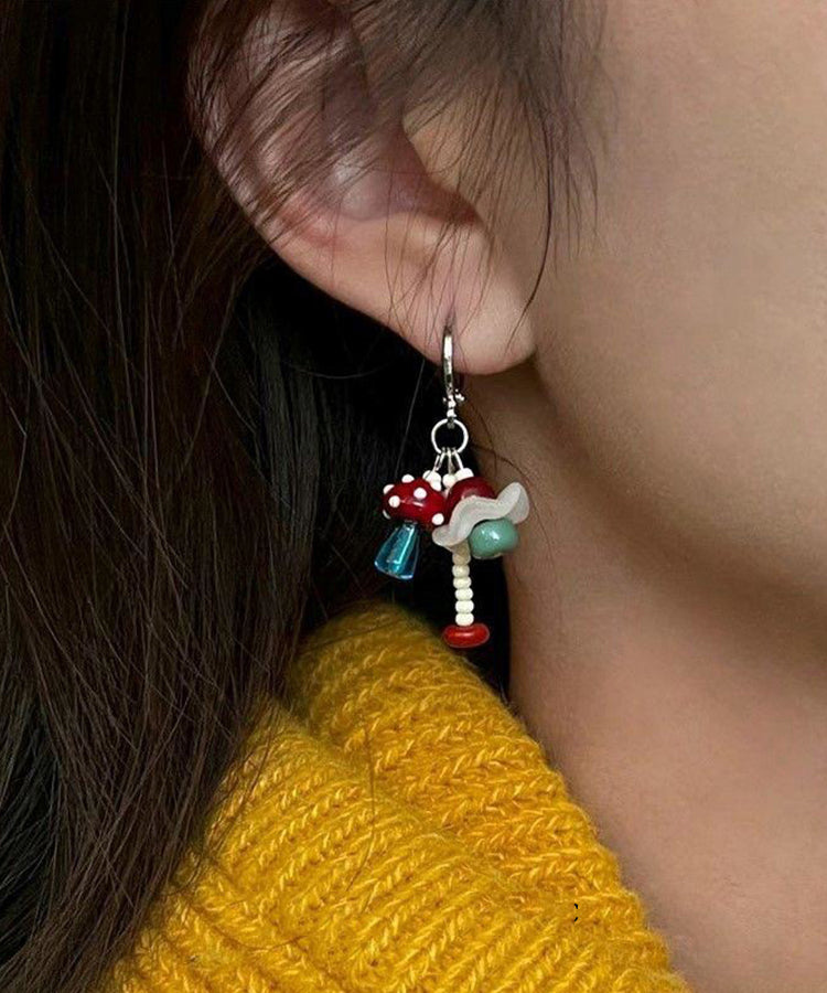 DIY Stainless Steel Asymmetrical Little Fish And Mushroom Drop Earrings